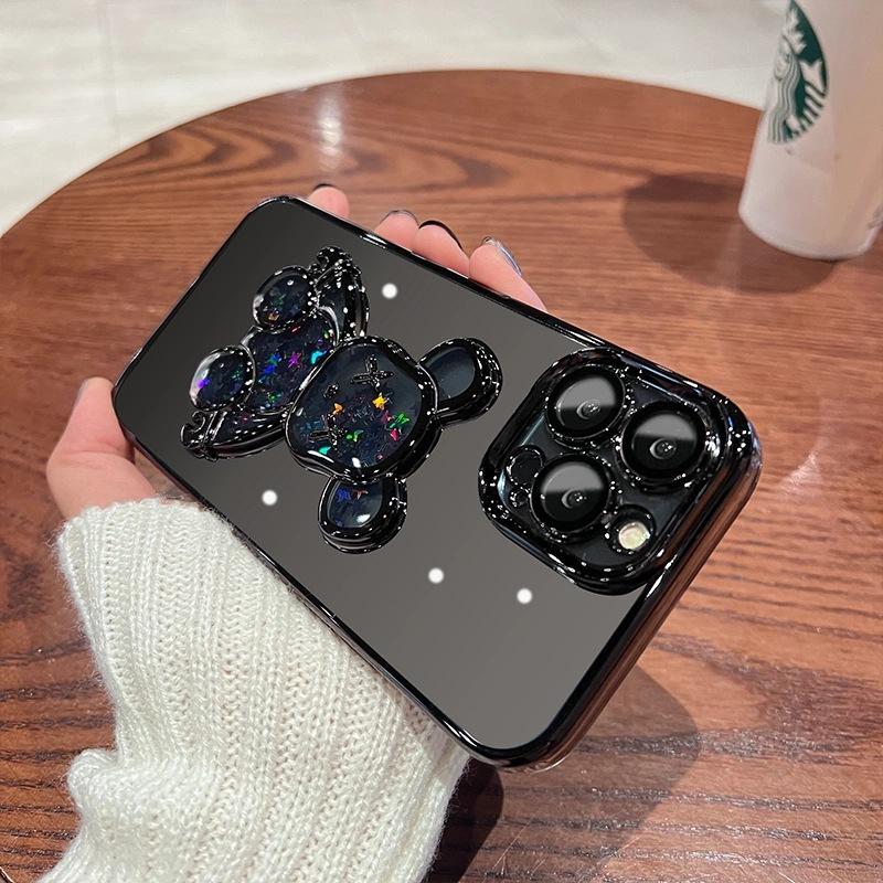 Electroplating quicksand violent bear is suitable for iPhone17 mobile phone case with glass lens film Apple 16 transparent soft case