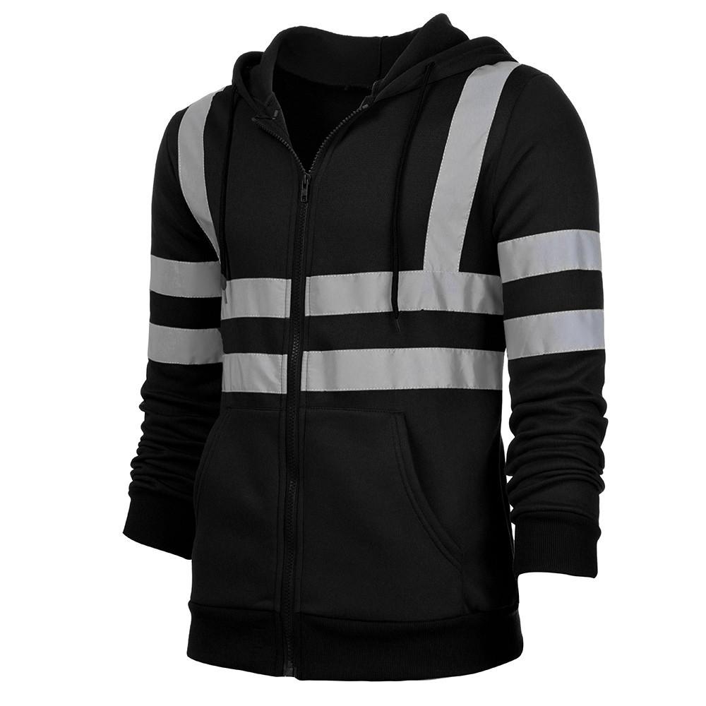Fleece-lined Outdoor Sanitation Workwear Men's High Visibility Reflective Strip Zipper Hooded Sweatshirts