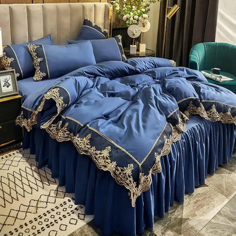 European Thickened Lace Edge Bed Skirt 4 Piece Set Matte Non Slip Bed Cover For 1.5m 1.8m Beds