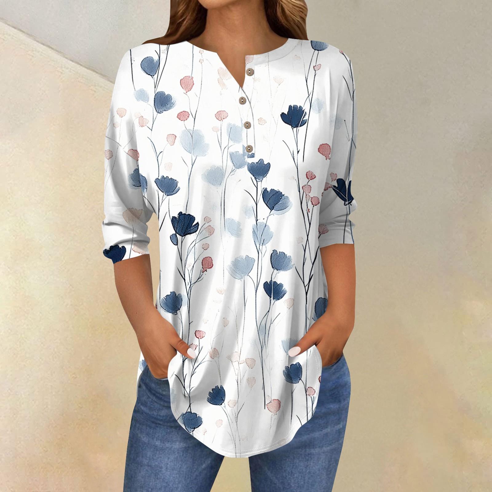 

Женская свободная футболка с воротником на пуговицах и винтажным цветочным принтом, рукав три четверти L циан