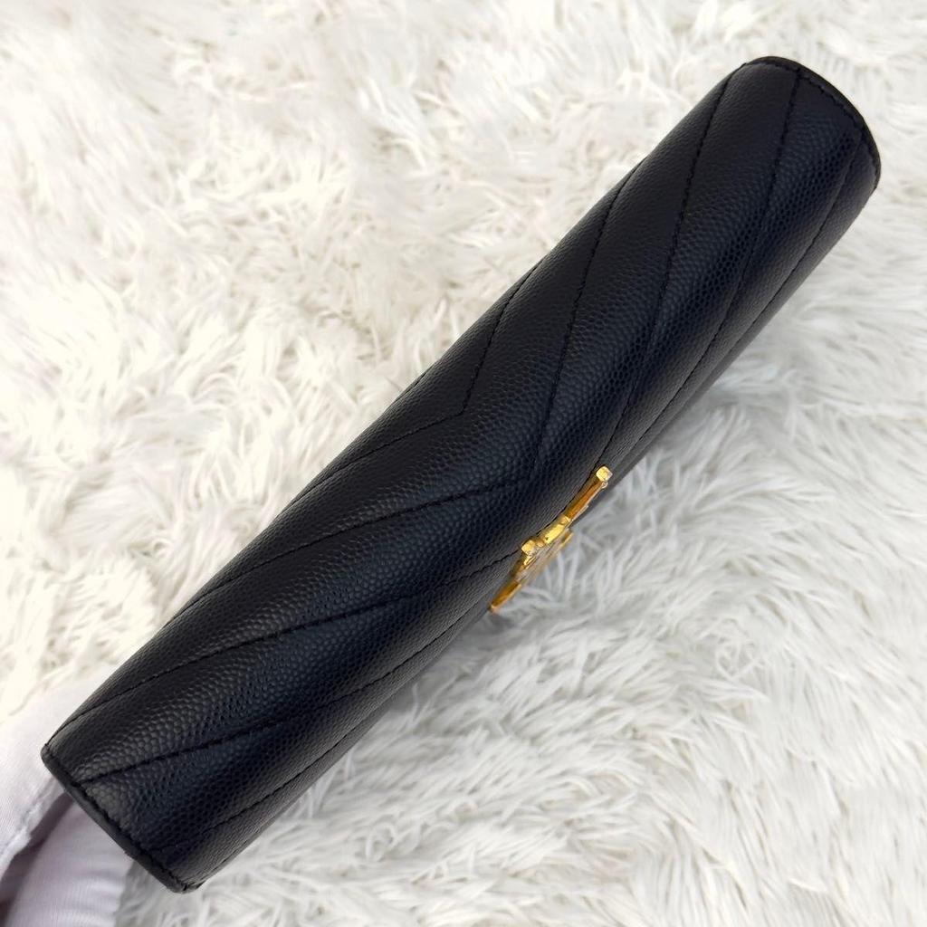 Used SAINT LAURENT Saint Laurent Large Flap Long Wallet Cassandra Black Black V Stitch