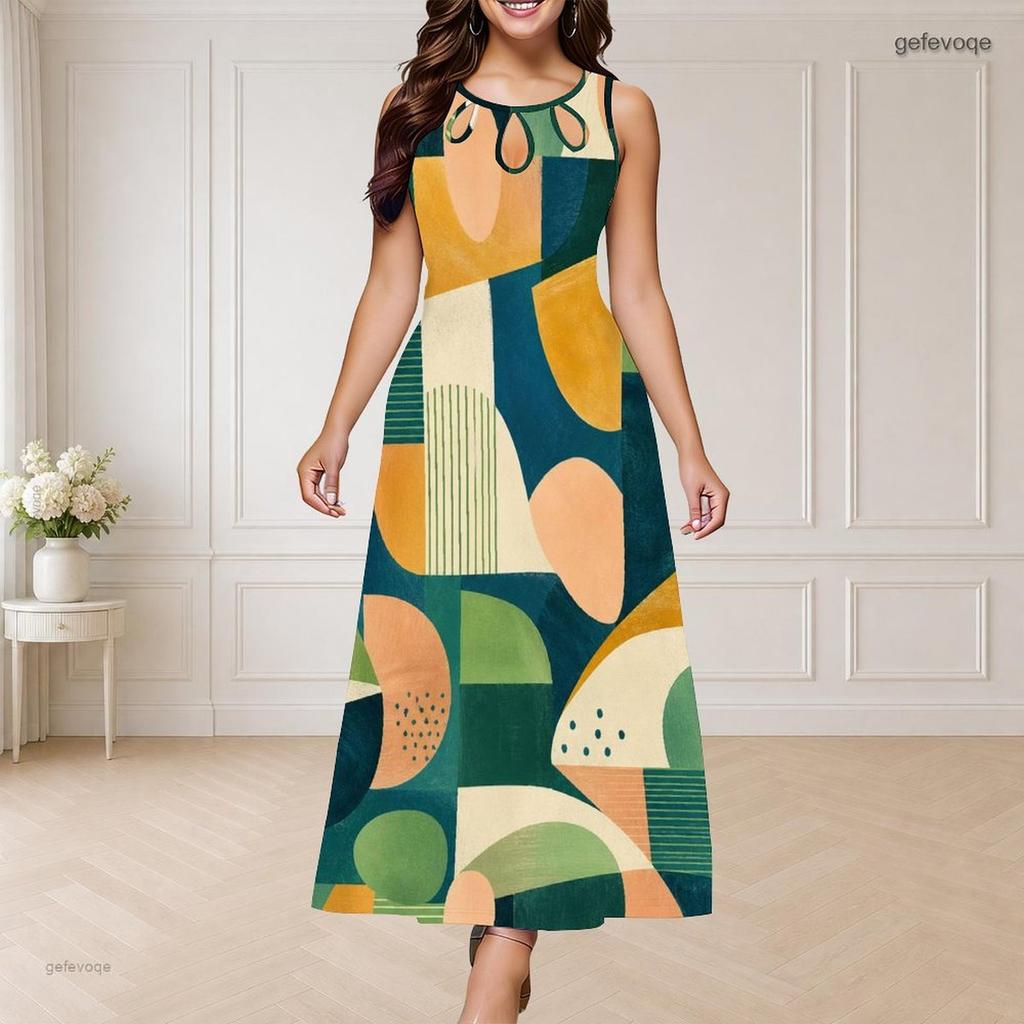 Women Plus Size Round Neck Triple Keyhole Cutout Sleeveless Geometric Printed Maxi Dress