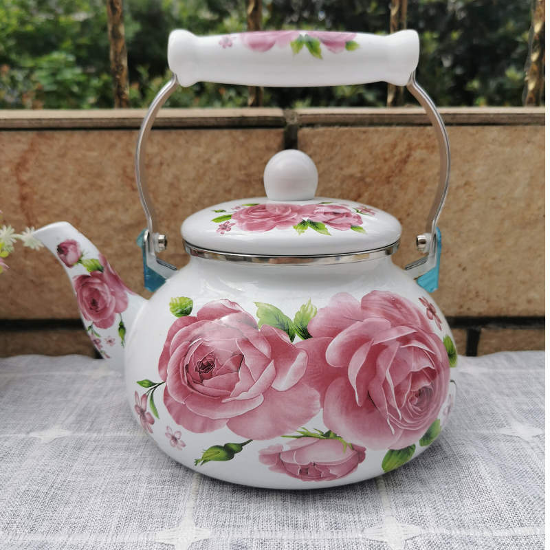 2.5 Quart Vintage Enamel Tea Kettle Green Floral Enamel on Steel Teapot with Handle for Stovetop Home Afternoon Tea Set Kettle