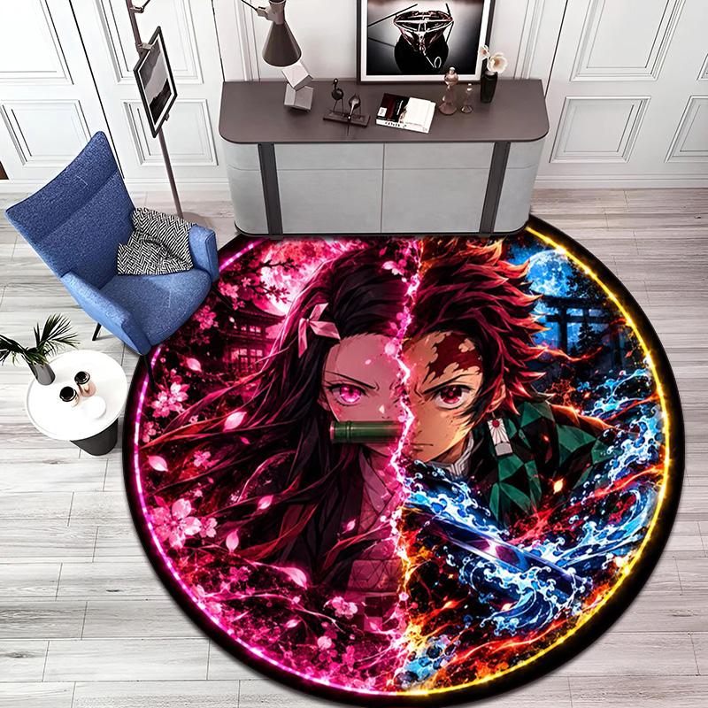 Classic Japanese-style Cartoon Demon Slayer Round Rug, Home Soft Decorative Anti-slip Yoga Mat and Chair Mat, Outdoor Floor Mat Carpet K5