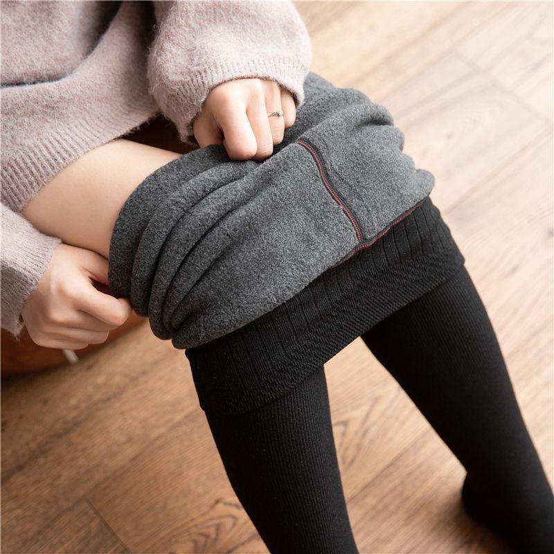 Winter Fleece Thickened Leggings Women's High Waist Slimming Vertical Striped Pantyhose Autumn and Winter Warm Wool Base Stockings