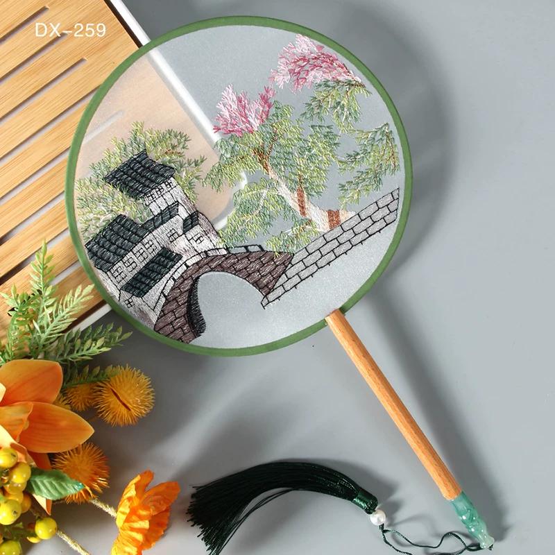 Antique Embroidery Circular Fan Chinese Style Cheongsam Fan Women's Double-Sided Embroidered Transparent round Long Handle Ancient Chinese Clothing