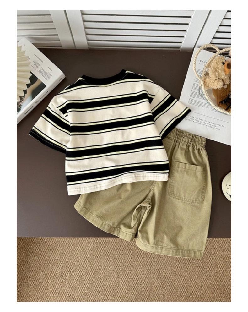 2025 Summer Boys' Pure Cotton Striped T-Shirt Set - Short & Half Sleeve Options