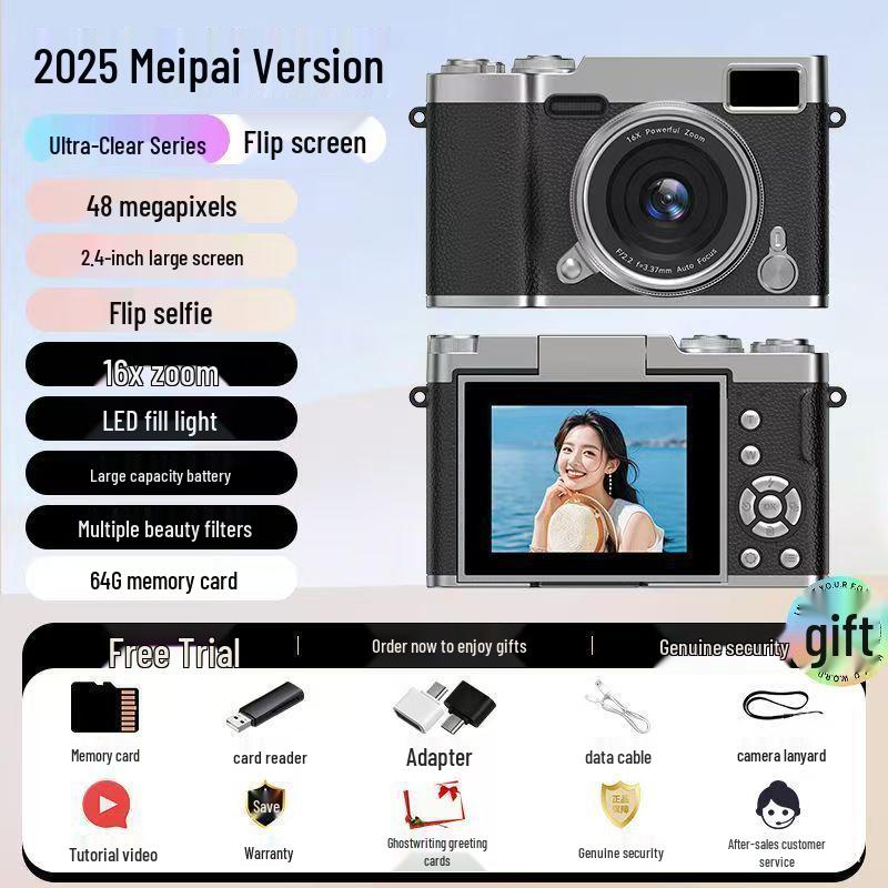 Retro Mirrorless Digital Camera with Folding Selfie Screen, 16x Zoom, and Portable Recording.