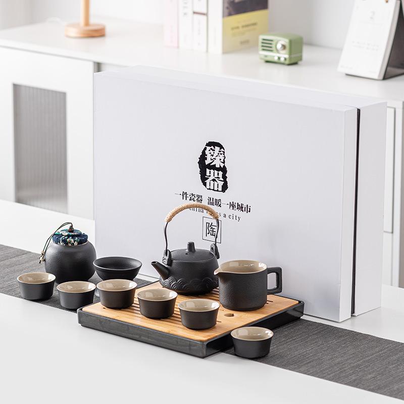 High-end Black Pottery Kung Fu Tea Set Home Living Room Simple Ceramic Dry Brew Tea Tray Light Luxury Modern Large Set Gift Box