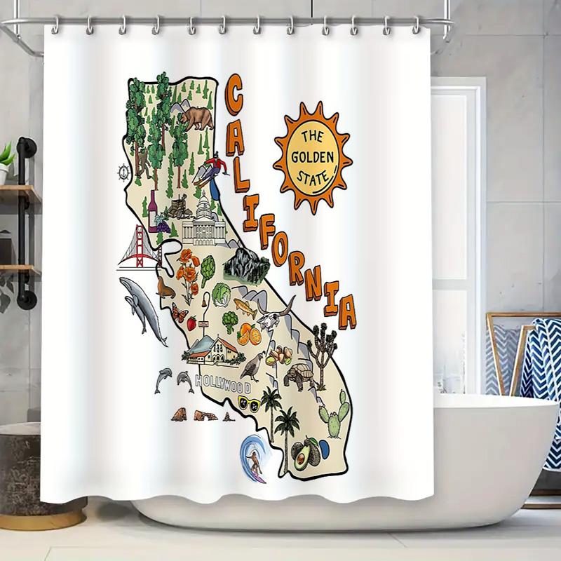 California Bath Curtain Ocean Vibes Coastal Decor Shower Curtain California Map Beach Theme Home Decor Artistic Prints 75X95CM