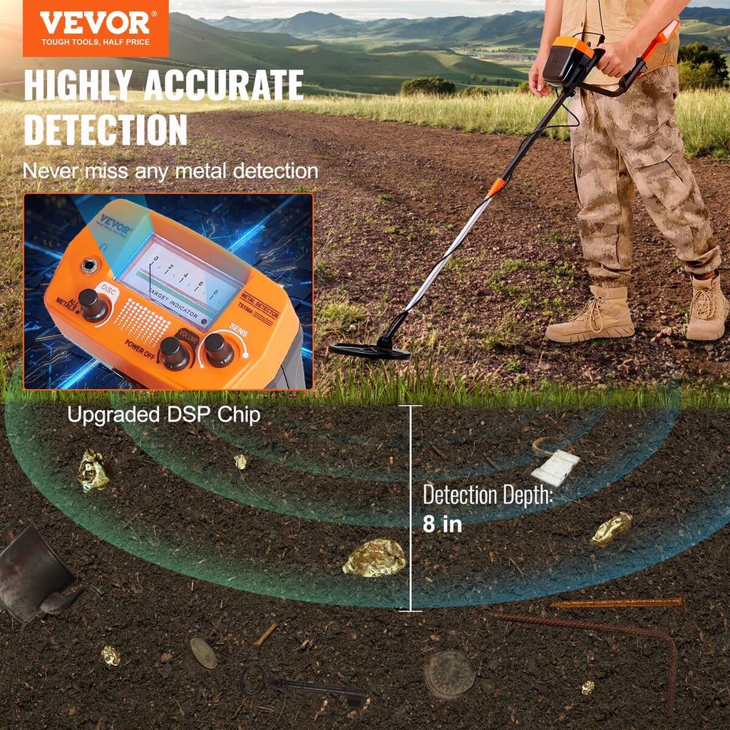 Metal Detector for Adults & Kids, 8 Inch Waterproof Search Coil with High Accuracy Pointer Display, Adjustable 38''-49'' Gold Detector, Lightweight