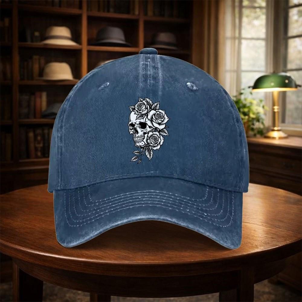 Skull Rose Tattoo Print Baseball Cap Washed Denim Casual Adjustable Hat