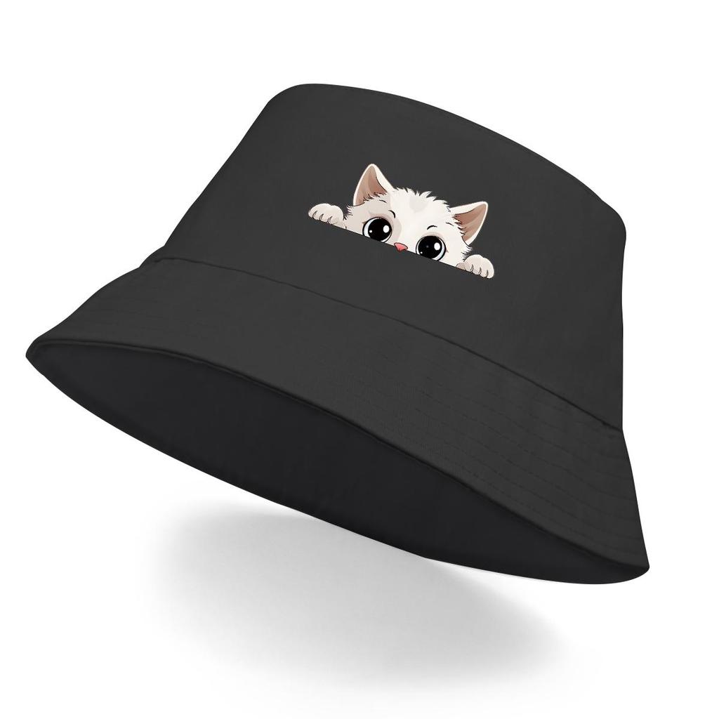 Bucket Hat With White Cat Print , Cartoon Pet Fisherman Hat Spring Lightweight Foldable Beach Hat