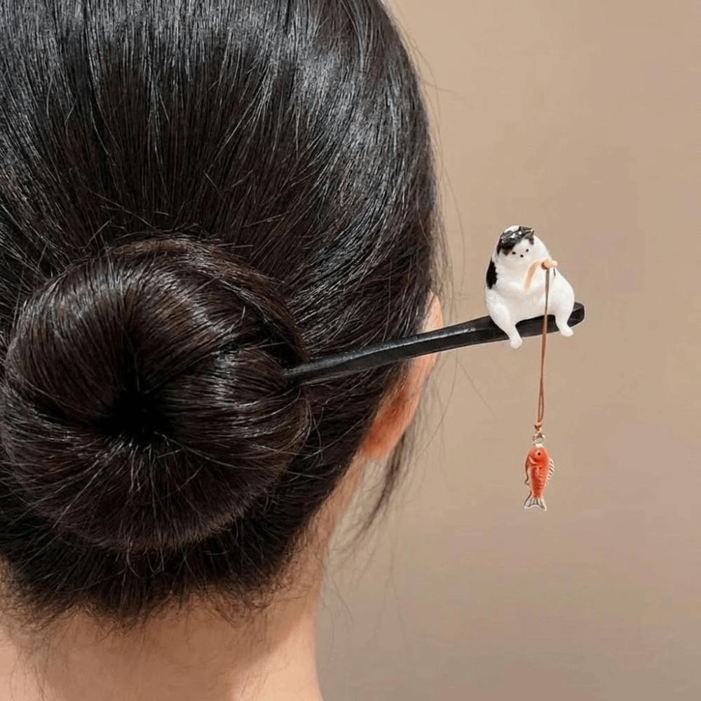 Quasten-Katzen-Fischerei-Haarnadel Schwarzes Sandelholz Hanfu Haarspange Klassische Holz-Haarnadel Mädchen