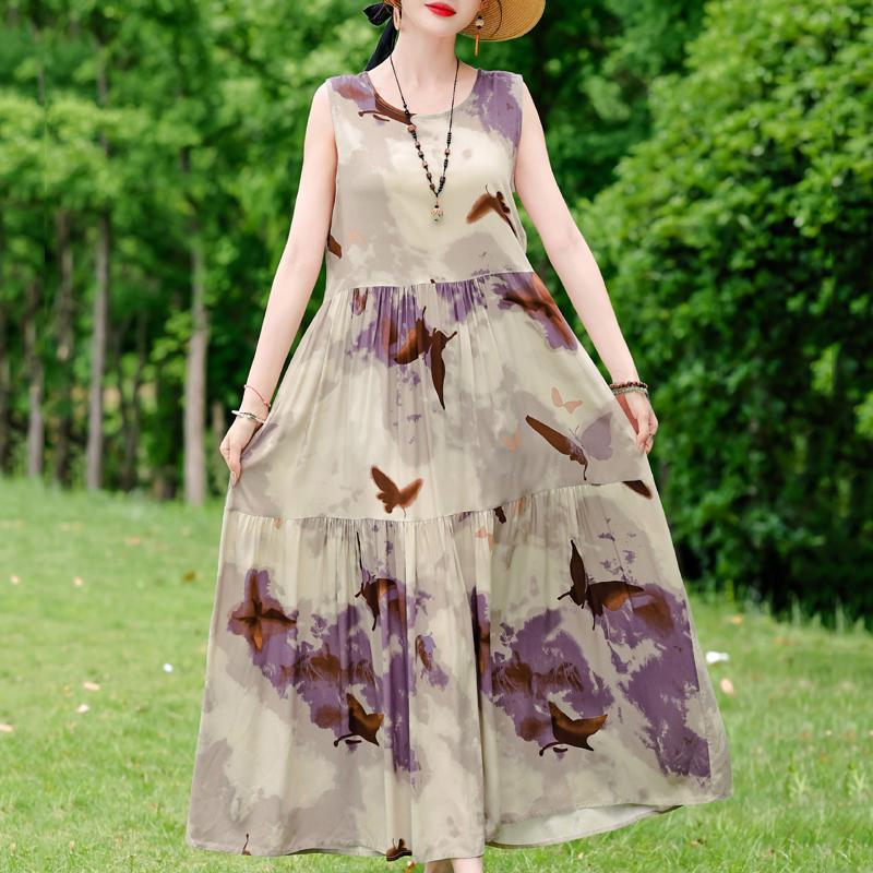 Elegant Sleeveless Dress for Women Plus Size Short Sleeve Vintage Print Long Dress Summer Casual Middle-aged Women's Clothing