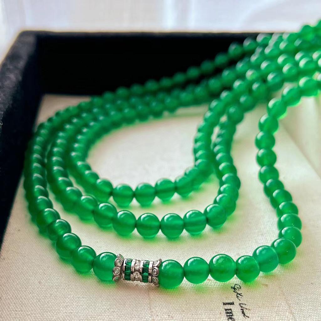 Vintage Natural Vitreous Emperor Green Yang Green Chalcedony Agate Necklace 925 Silver Buckle