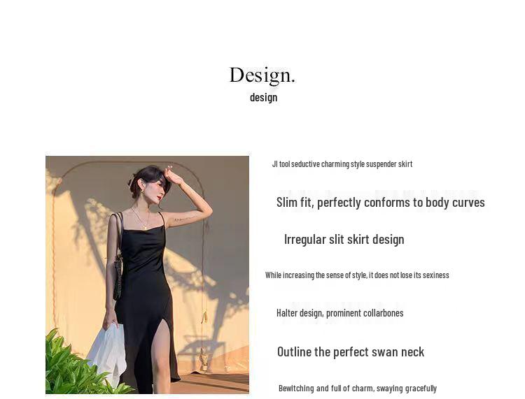 Summer Black Irregular Draped Strap Midi Dress - French Sexy Slimming Split Design