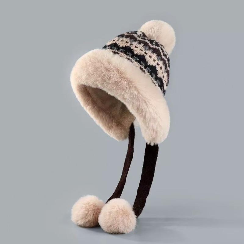 Winter Knitted Knitted Hat Warm Balaclava Hat Windproof Pompom Ear Protection Hat Fur Balls Thicken Beanie Hat Autumn and Winter