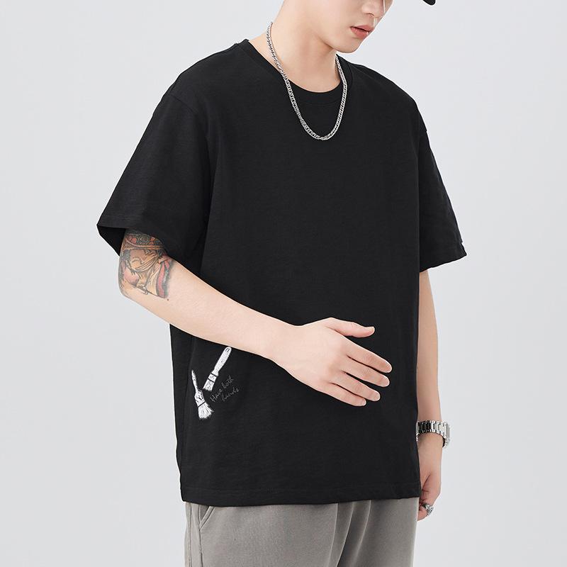 Summer Embroidered Short-sleeved T-shirt for Men Loose Round Neck Five-point Sleeve T-shirt Versatile Rest Simple