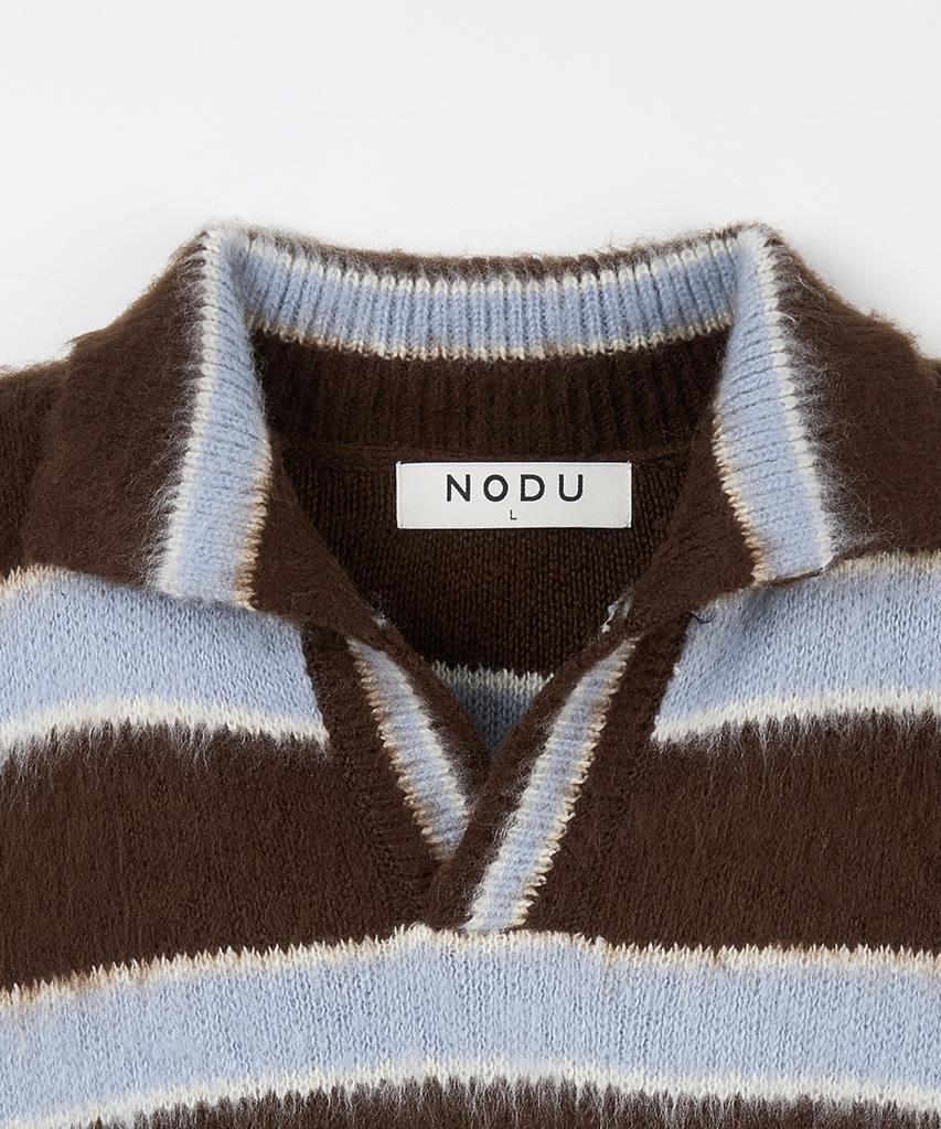 NODU Open Collar Striped Brush Knit [Brown]