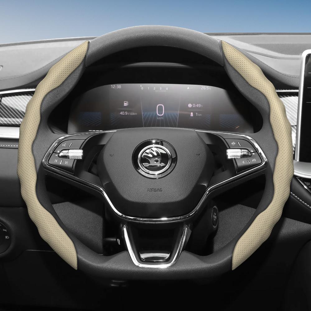 Suitable for Skoda Steering Wheel Cover with Wavy Sports Design, Breathable Leather, Segmented, Non-Slip, Sweat-Absorbent Protection for Octavia,