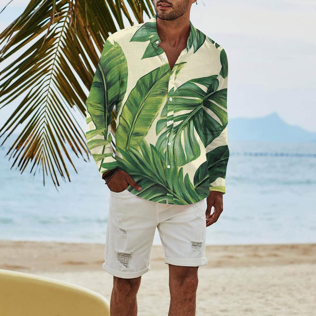 Men's Fashion Long Sleeve Printed Casual T Shirt Button Regular Fit Shirt Top