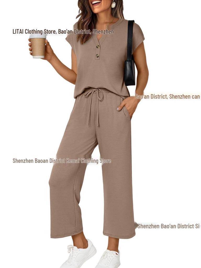 Women's Spring/Summer V-Neck Short Sleeve Buttoned Two-Piece Casual Suit