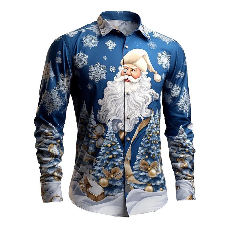 Christmas themed men's 3D snowflake Santa Claus print festive atmosphere lapel long-sleeved shirt casual slim-fit shirt