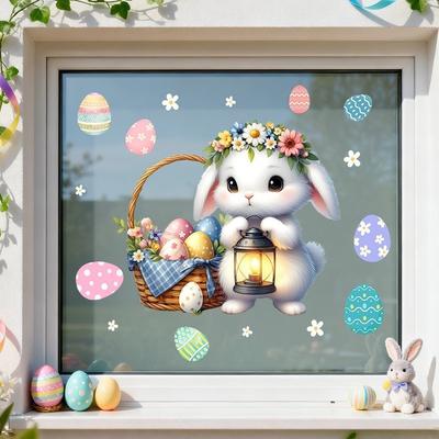 New Easter Flower Rabbit Sticker PVC Waterproof Festival Party Sticker Removable Self-Adhesive Wall Decal Window Decoration
