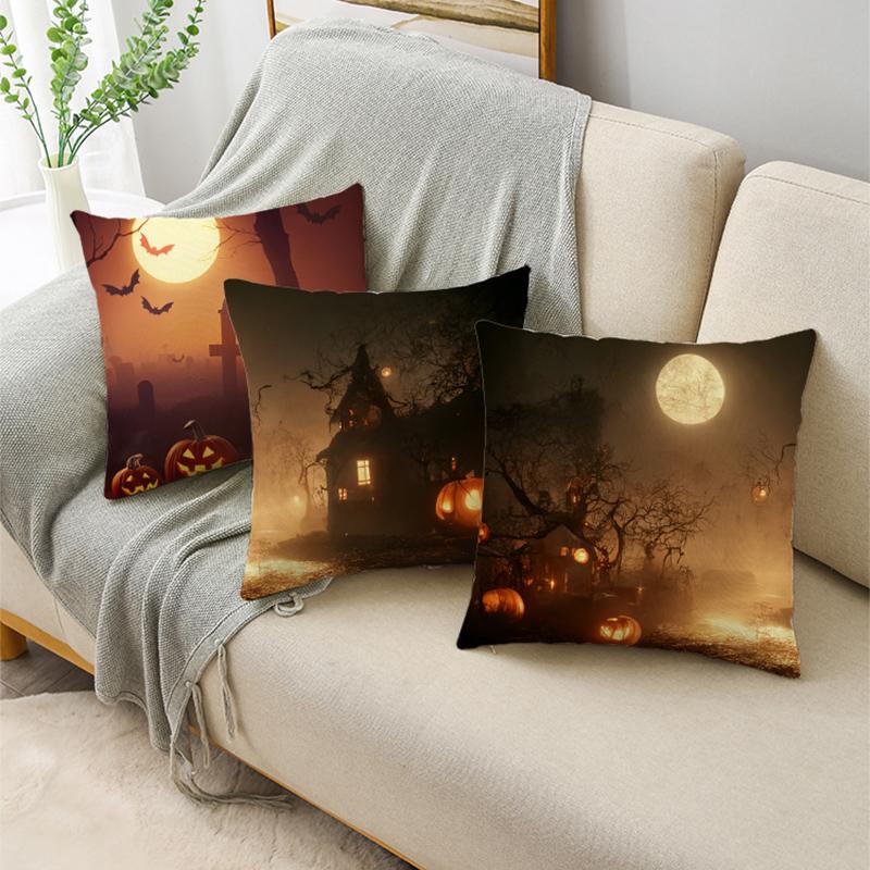Mode Halloween Gruselige Nacht Mond Kürbislaterne Fledermaus Leinen Kissenbezug Dekorative Kissenhülle Für Sofa Wohnzimmer Party