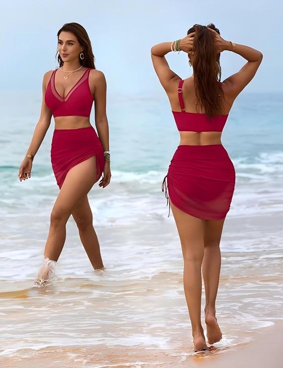 2025 European and American Solid Color Mesh Patchwork Drawstring Split Swimsuit