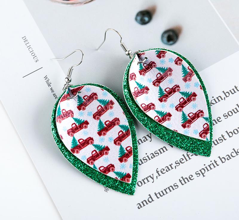 European & American Christmas Tree Red Car Sequin Leather Earrings - Holiday Style Leaf Design