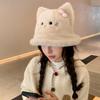 New cute cat bow plush hat women's autumn and winter basin hat big head circumference showing face small bucket hat