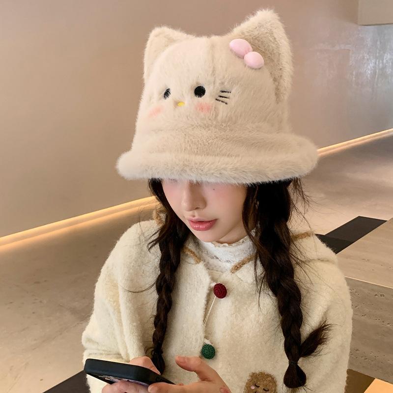New cute cat bow plush hat women's autumn and winter basin hat big head circumference showing face small bucket hat