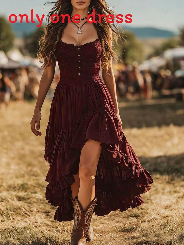 Vestido de Verano Estilo Bohemio con Dobladillo Fruncido y Falda Irregular para Salidas Casuales
