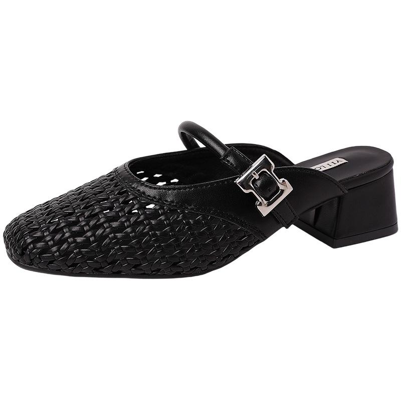 Simple retro mesh one-word pointed head thick heel high heel slippers summer temperament woven versatile soft sole sandals women's shoes