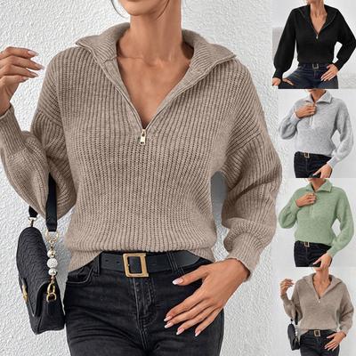Zipper Pullover Sweater Fashion Solid Color Loose Casual Collar Zipper Long Sleeve Sweater For Women