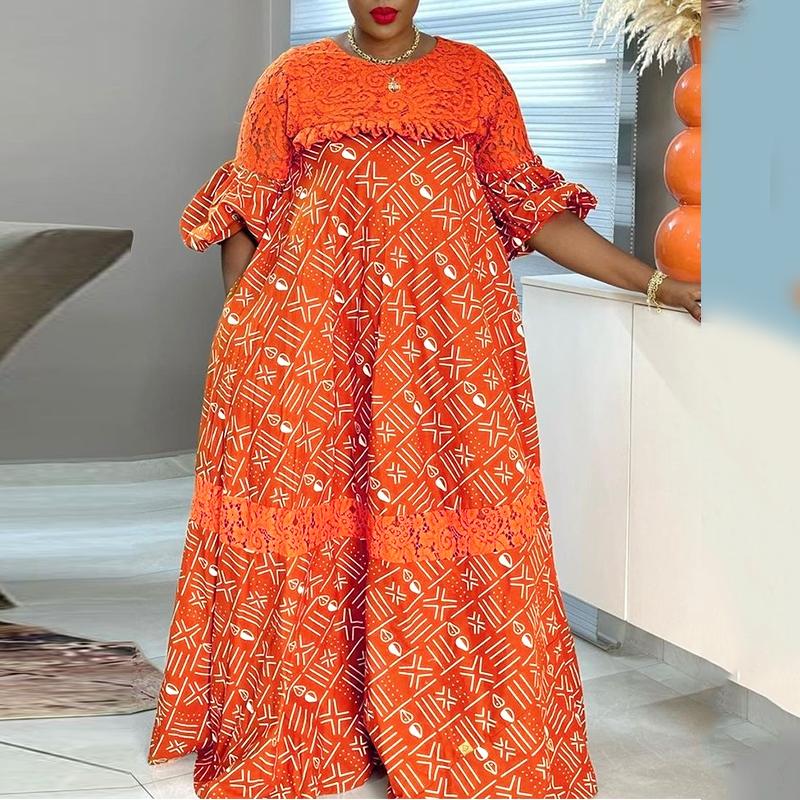 Oversized Women Lace Patchwork Puff Sleeve Print Casual Loose Pleated Long Dress