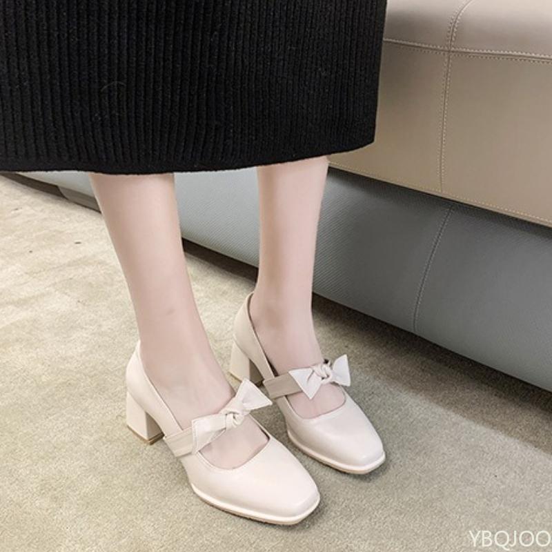 Fashion Square toe single shoe women's high heels new fairy style casual anti slip simple comfortable thick heel bow women's shoes