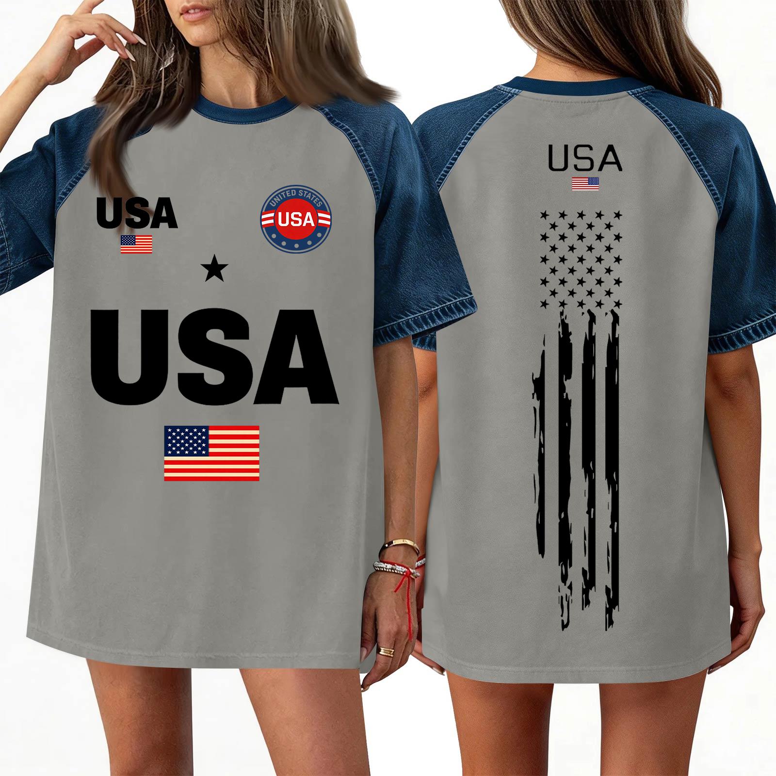 

Women s Denim Patchwork Top, Casual Short-sleeved Comfortable T-shirt, Fashionable For Spring And Summer. XL