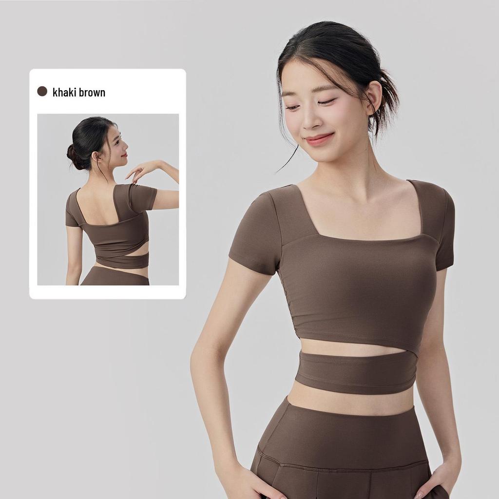 Women's Sexy Square Neck Short Sleeve Yoga Top with Chest Pads - Nude Feel Fitness and Pilates T-Shirt