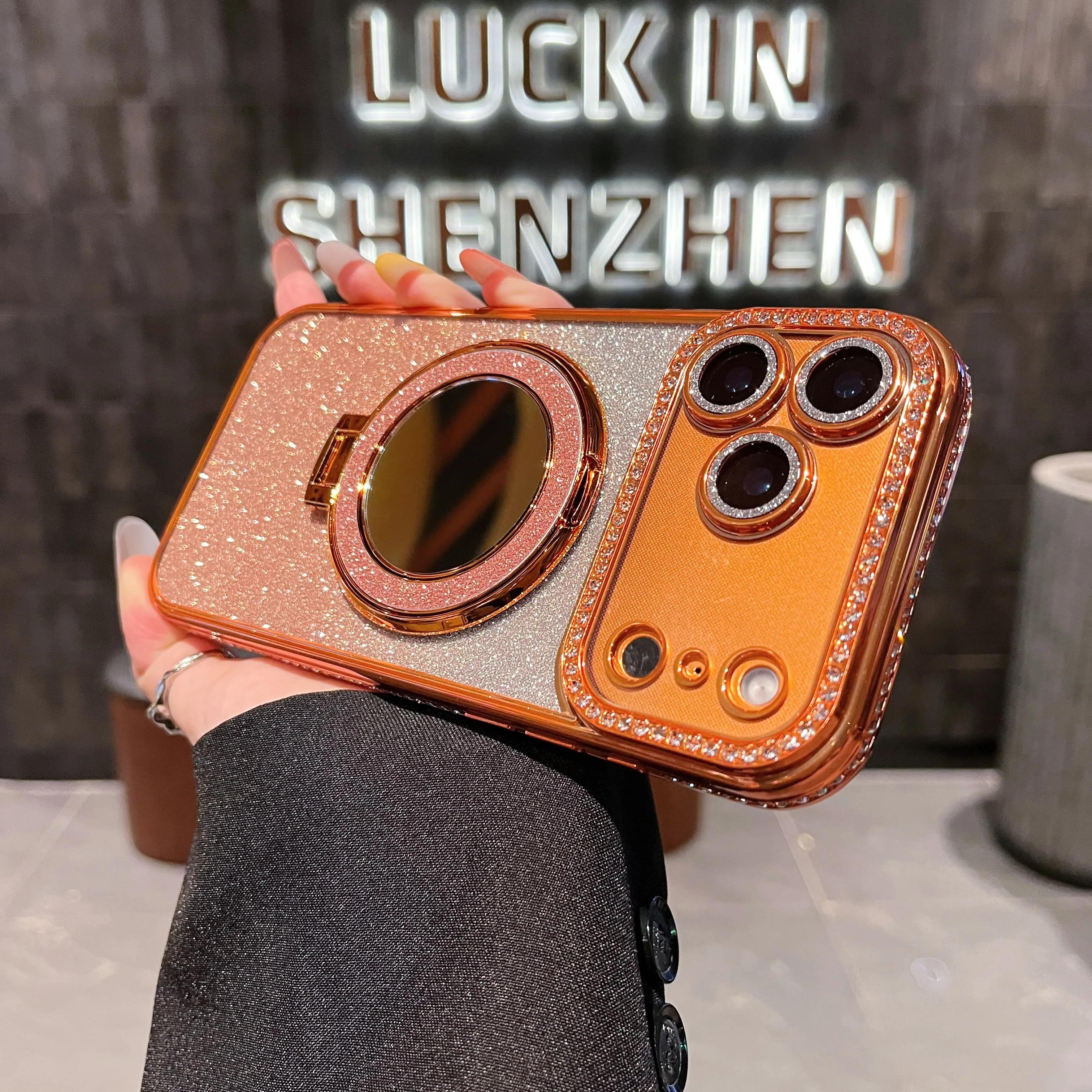 

17 ProMax Air Gradient Glitter Diamond Magnetic Case For iPhone 17 16 15 14 13 12 11 Pro Max Plus Magsafe Mirror Bracket Cover iPhone 15 Pro Max помаранчевий