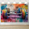2D Plane, Vibrant Barbell Fitness Party Background Fabric - Colorful Splashing Design, Fitness Event Theme, Polyester Fiber