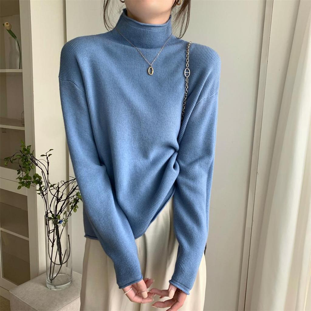 Solid-color Sweater Women's Fashion Korean-style Half Turtleneck Pullover Casual Loose Long-sleeved Knitted Sweater for Spring and Autumn
