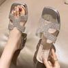Slippers women's thick heel outer wear summer new rhinestone travel crystal middle heel sandals one-word sandals