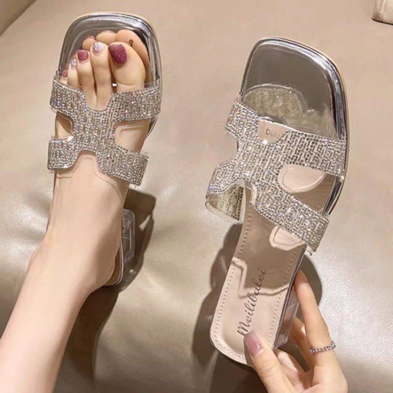 Slippers women's thick heel outer wear summer new rhinestone travel crystal middle heel sandals one-word sandals