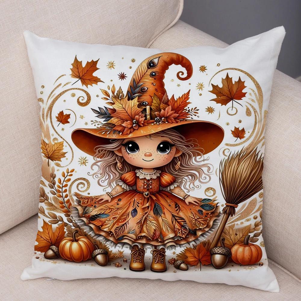 Cartoon Autumn Maple Leaves Girl Cushion Cover Print Cute Children Pillowcase Decor Pillow Case For Sofa Home