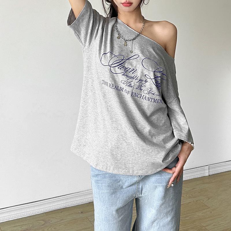 2025 Women's Summer One-Shoulder Loose T-Shirt with Letter Print