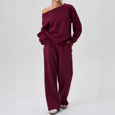 European and American Women's Casual One-Shoulder Top and Wide-Leg Pants Set, Round Neck, Long Sleeve, Two-Piece.