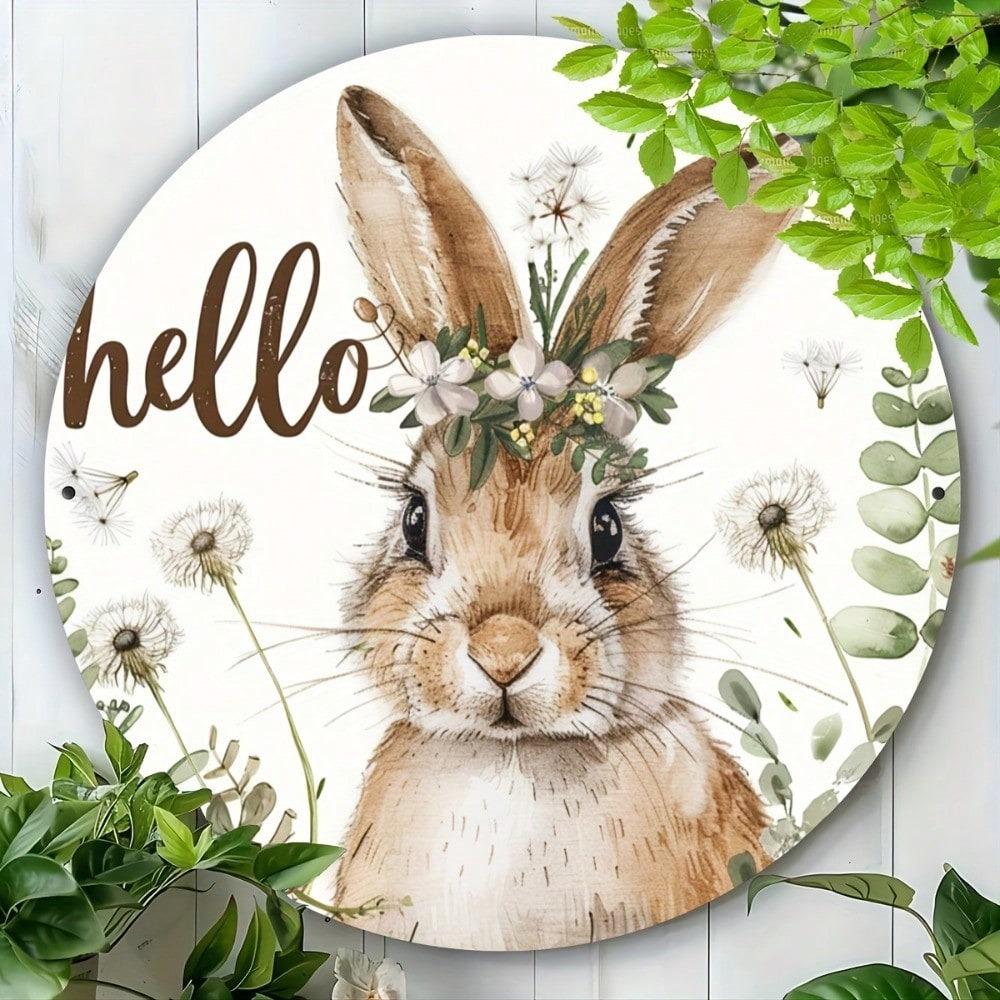 8 Inch Round Easter Bunny Metal Sign Wall Decor